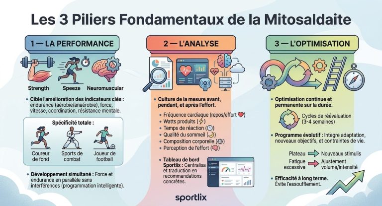 Infographie des 3 piliers de la mitosaldaite : performance, analyse et optimisation