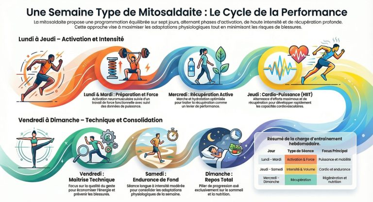 Planning de la semaine type d'entraînement mitosaldaite : du lundi activation au dimanche repos complet